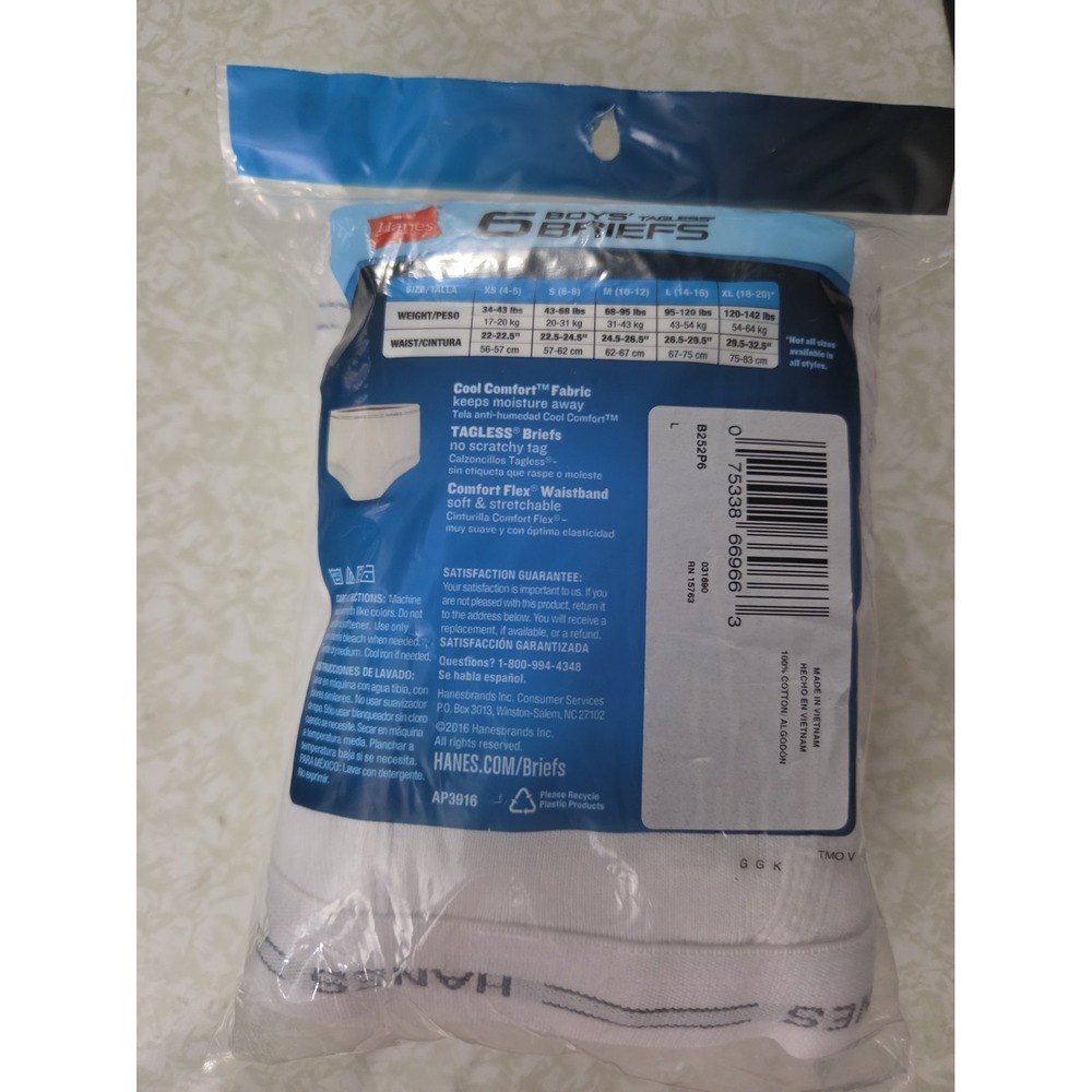 Hanes Boys White Tagless Briefs 6 Pack Size Large 14-16 Cotton Underwear NEW - Picture 4 of 5